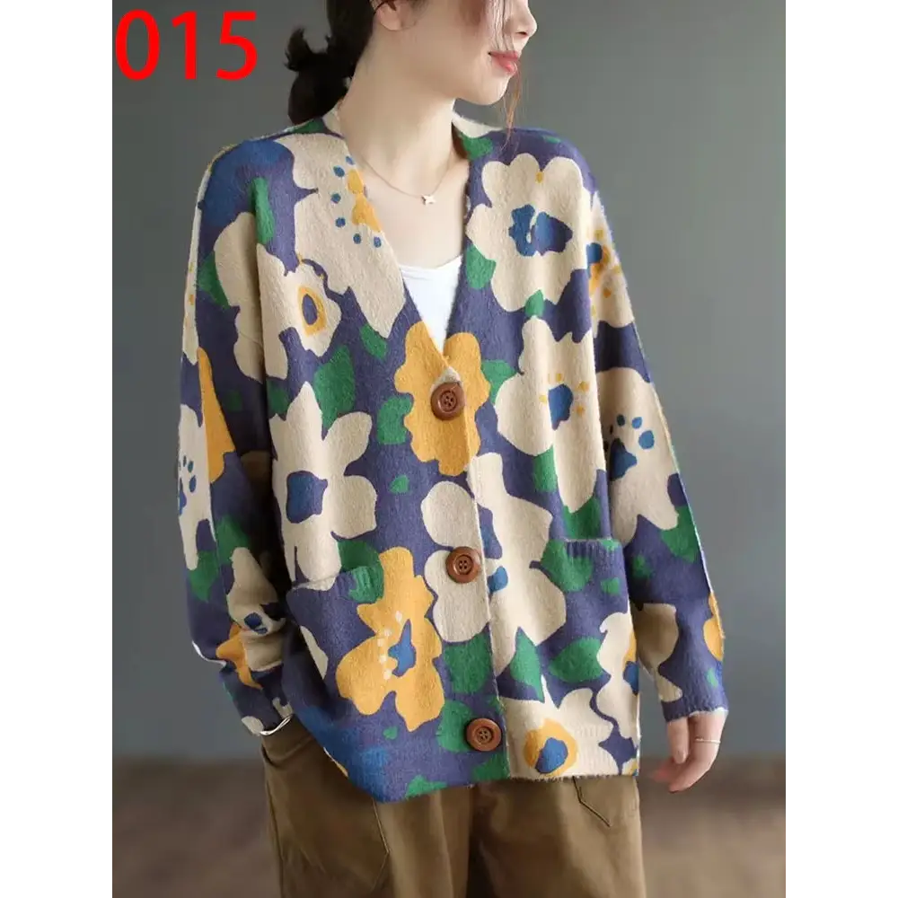 Women’s Boho Autumn Fashion Printed Loose Cardigans Casual V Neck Sweaters Ladies Luxury Classic Patchwork Floral