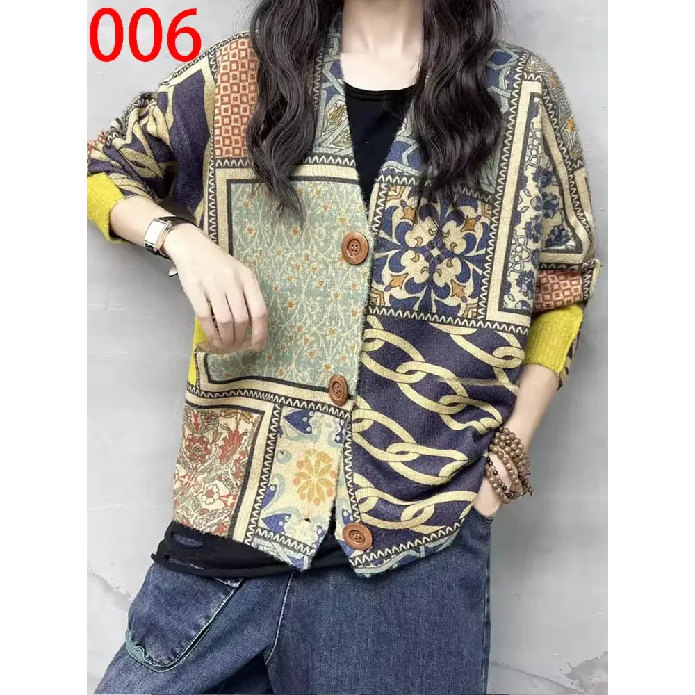 Women’s Boho Autumn Fashion Printed Loose Cardigans Casual V Neck Sweaters Ladies Luxury Classic Patchwork Floral