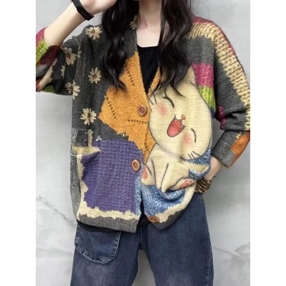 Women’s Boho Autumn Fashion Printed Loose Cardigans Casual V Neck Sweaters Ladies Luxury Classic Patchwork Floral