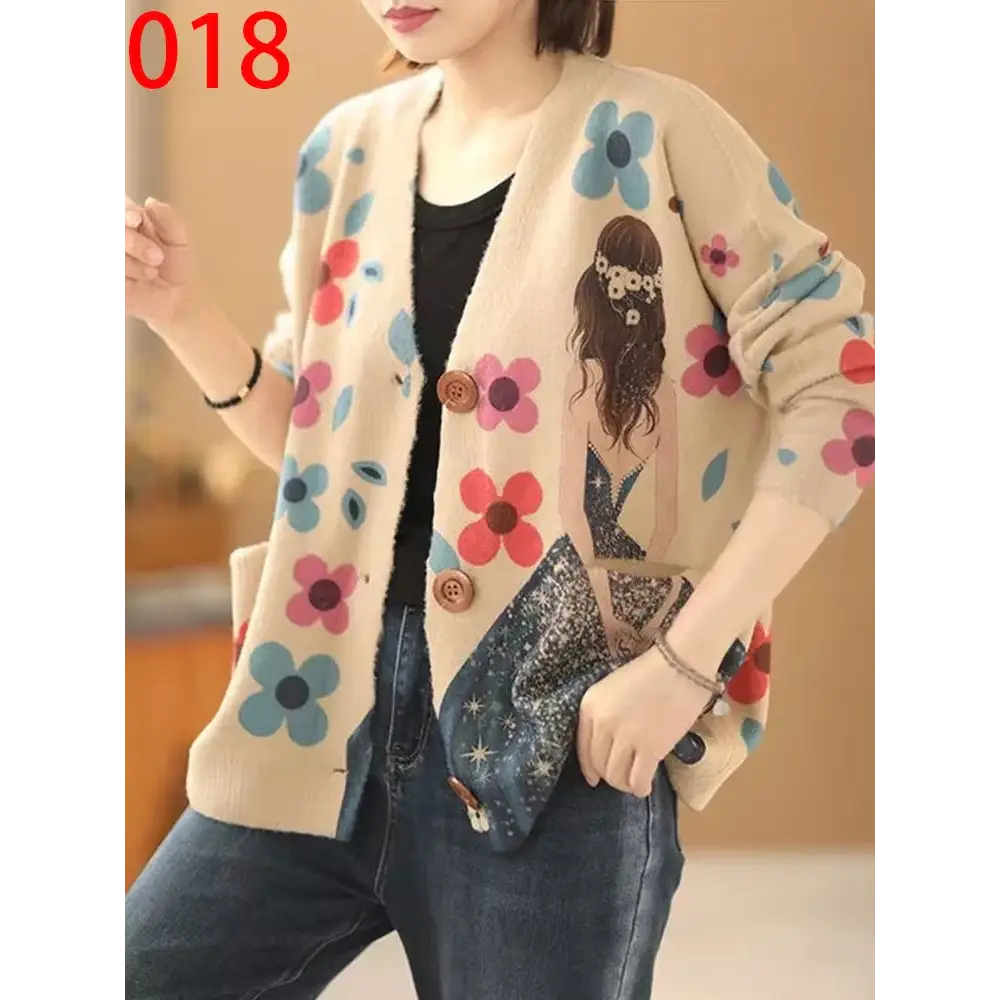 Women’s Boho Autumn Fashion Printed Loose Cardigans Casual V Neck Sweaters Ladies Luxury Classic Patchwork Floral