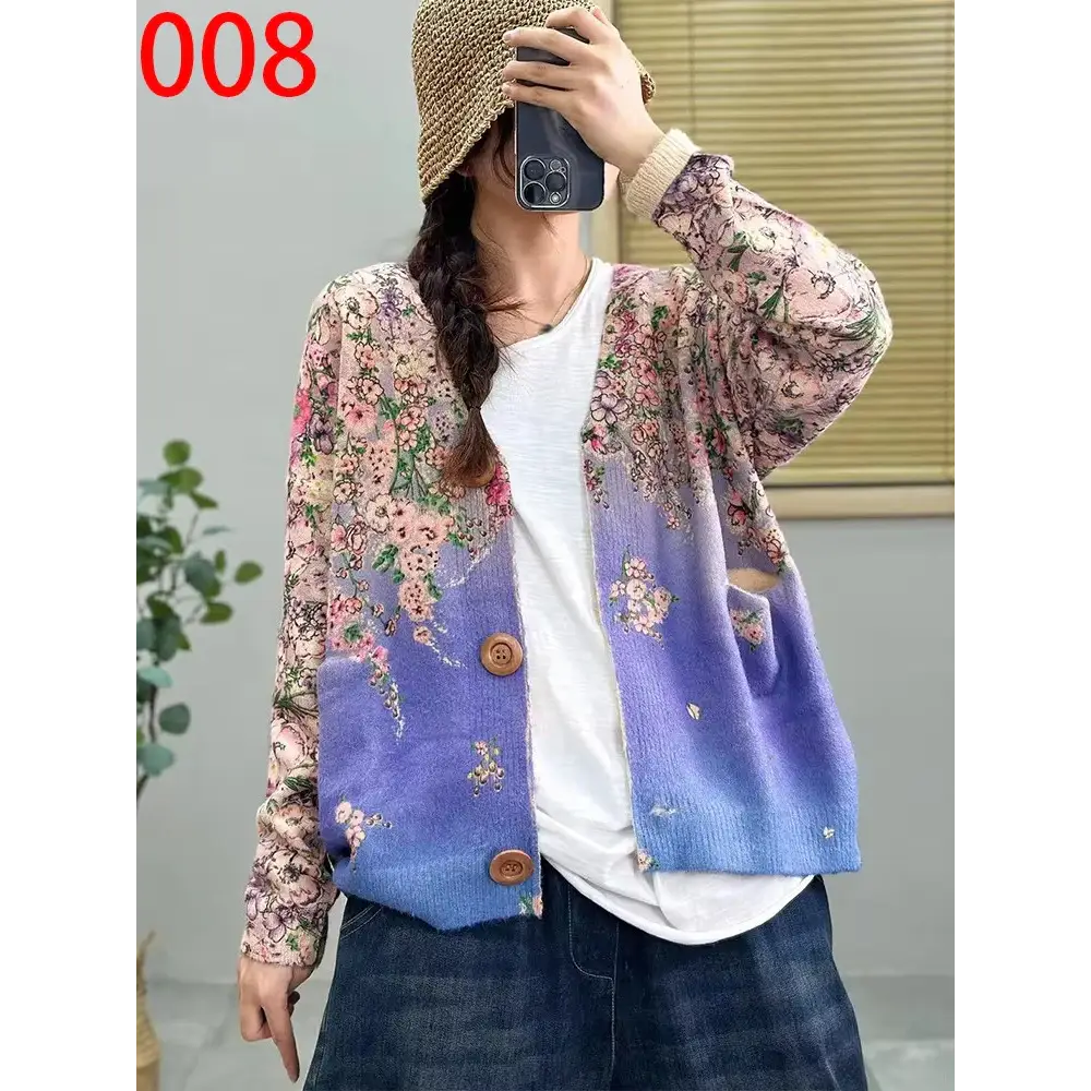 Women’s Boho Autumn Fashion Printed Loose Cardigans Casual V Neck Sweaters Ladies Luxury Classic Patchwork Floral