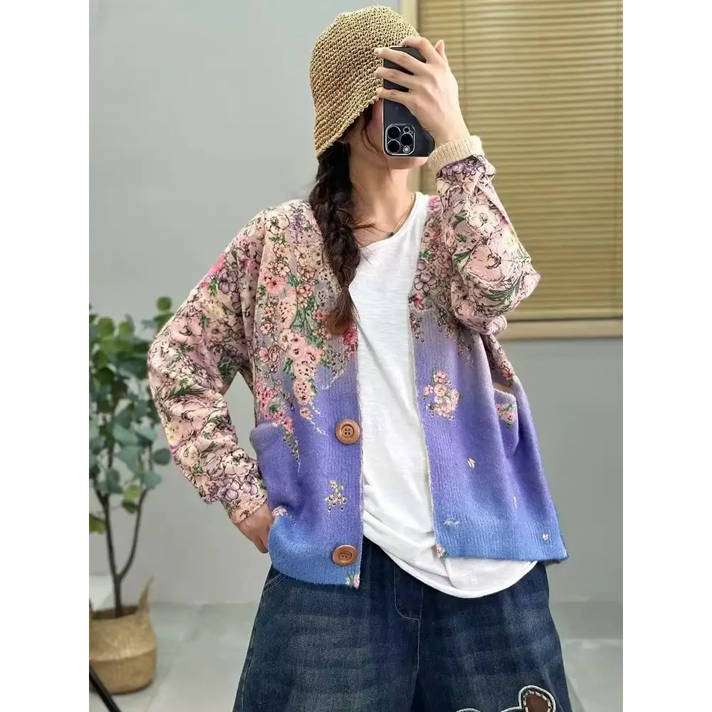 Women’s Boho Autumn Fashion Printed Loose Cardigans Casual V Neck Sweaters Ladies Luxury Classic Patchwork Floral