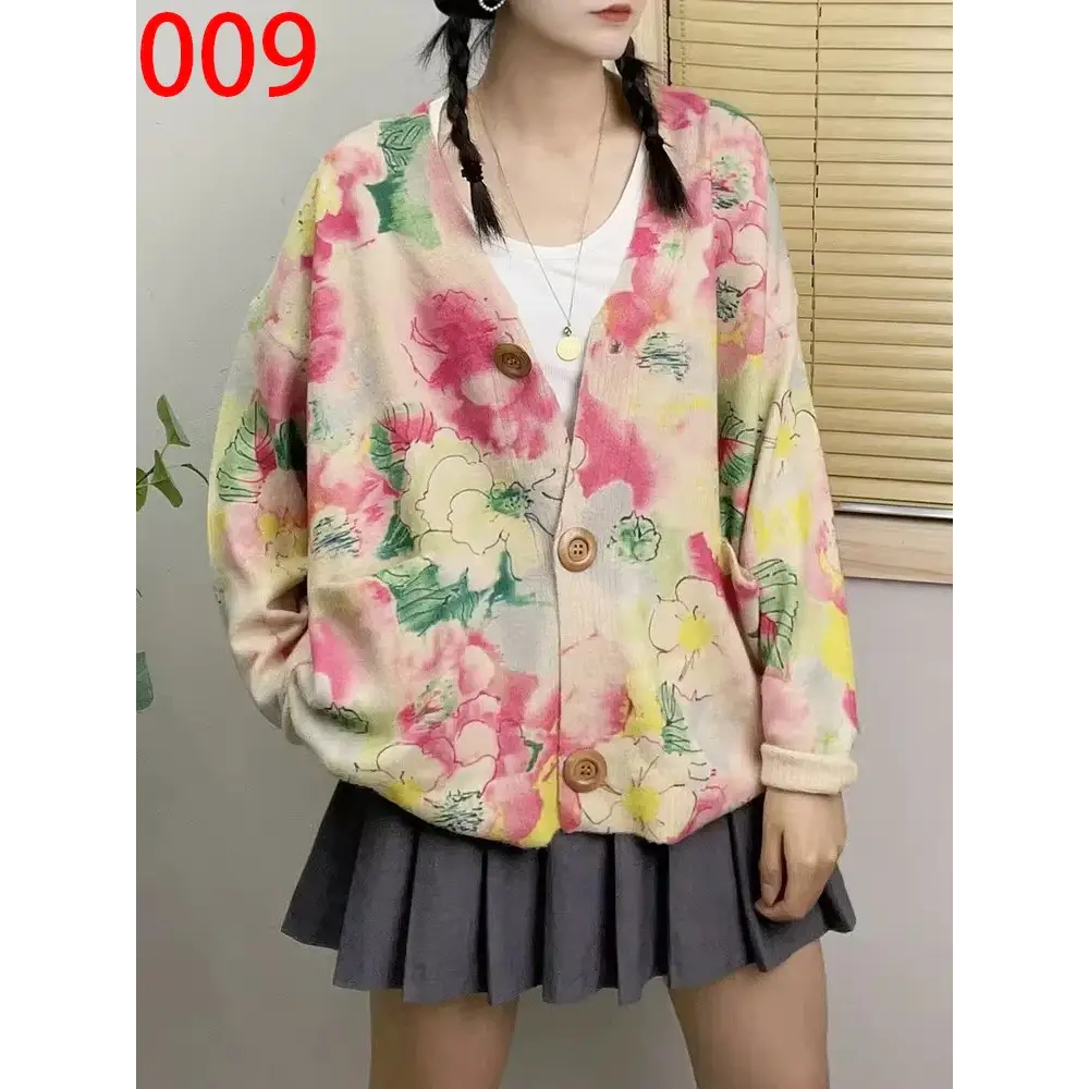 Women’s Boho Autumn Fashion Printed Loose Cardigans Casual V Neck Sweaters Ladies Luxury Classic Patchwork Floral
