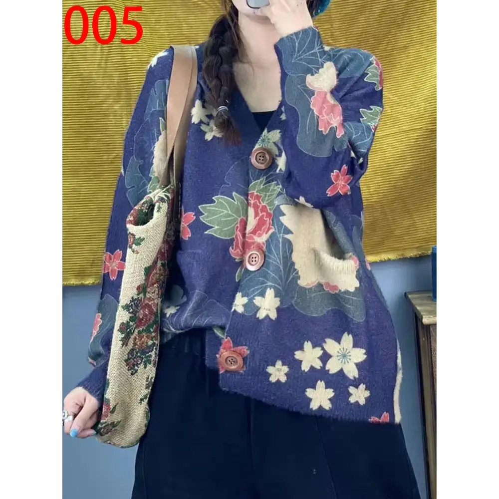 Women’s Boho Autumn Fashion Printed Loose Cardigans Casual V Neck Sweaters Ladies Luxury Classic Patchwork Floral
