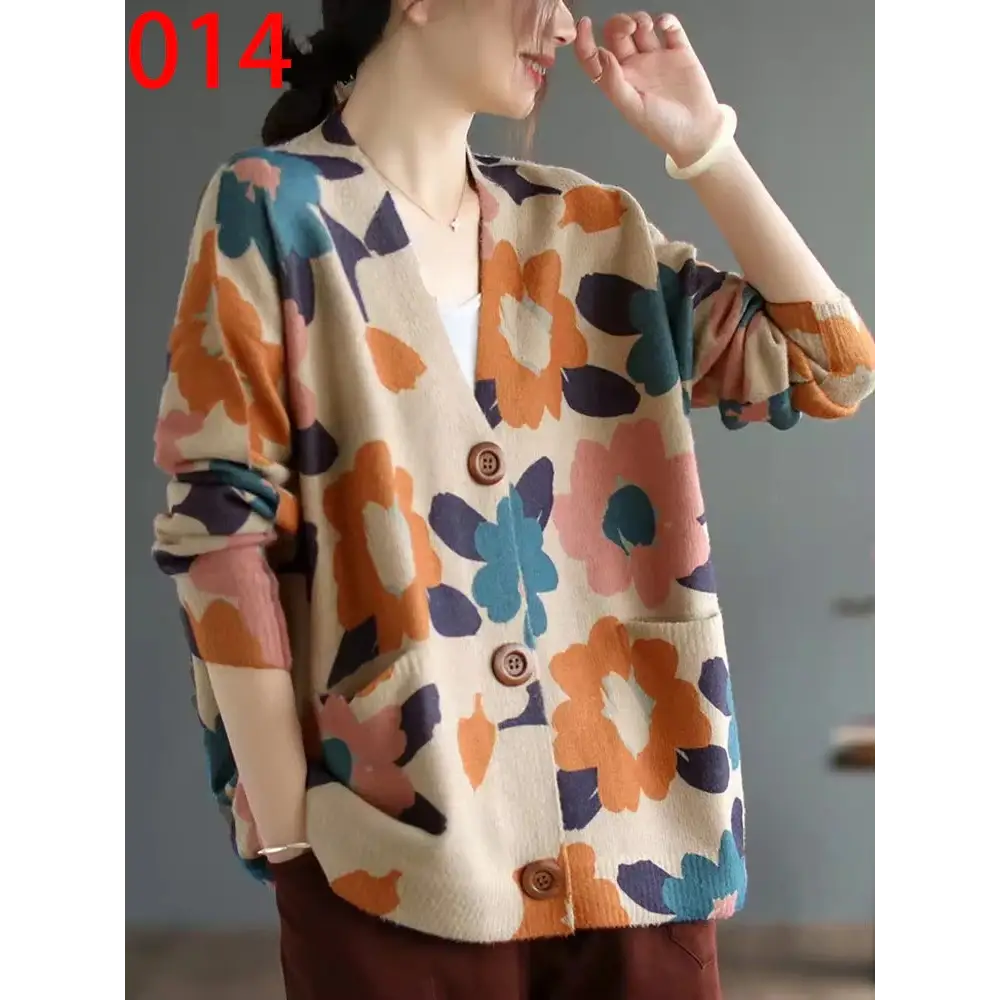 Women’s Boho Autumn Fashion Printed Loose Cardigans Casual V Neck Sweaters Ladies Luxury Classic Patchwork Floral