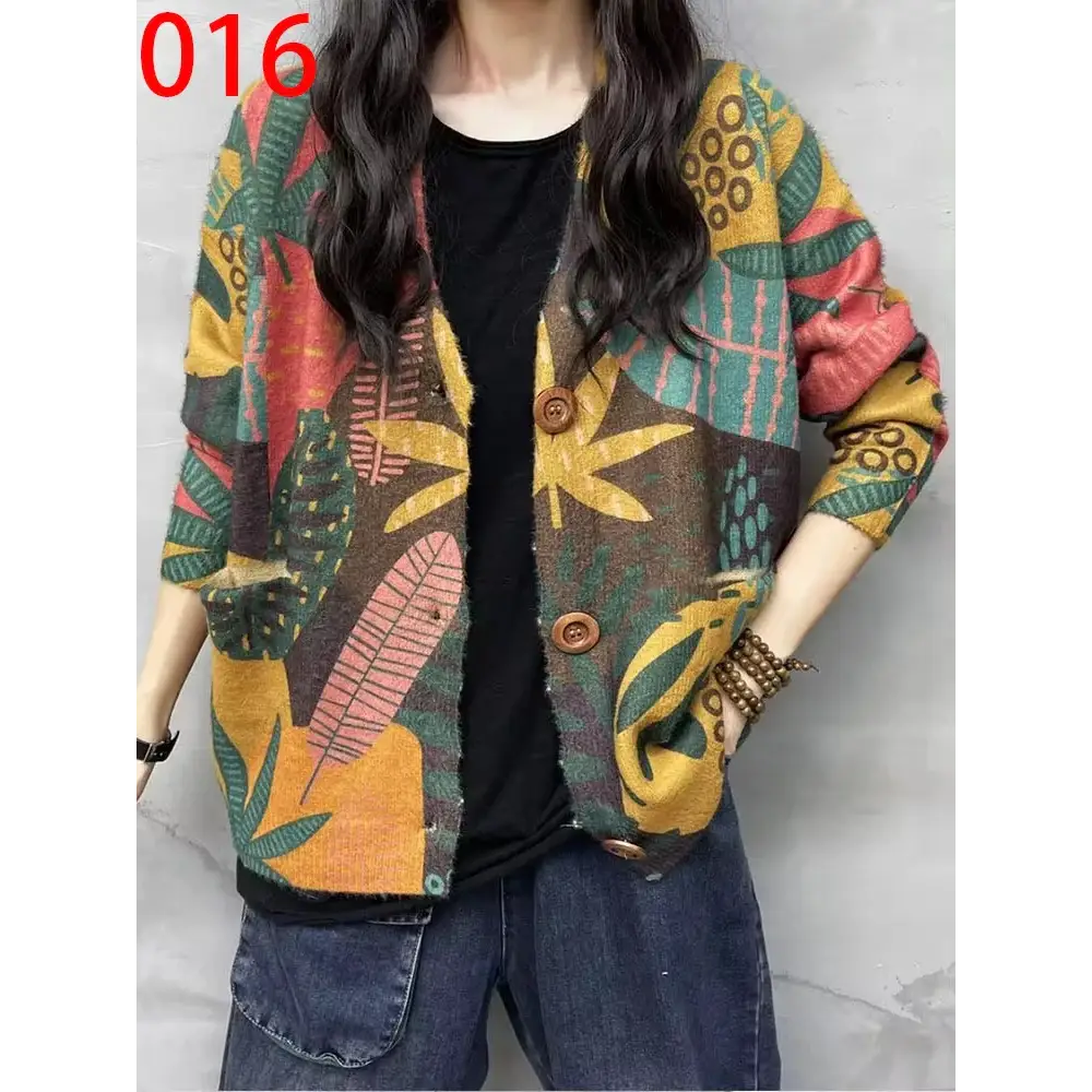 Women’s Boho Autumn Fashion Printed Loose Cardigans Casual V Neck Sweaters Ladies Luxury Classic Patchwork Floral