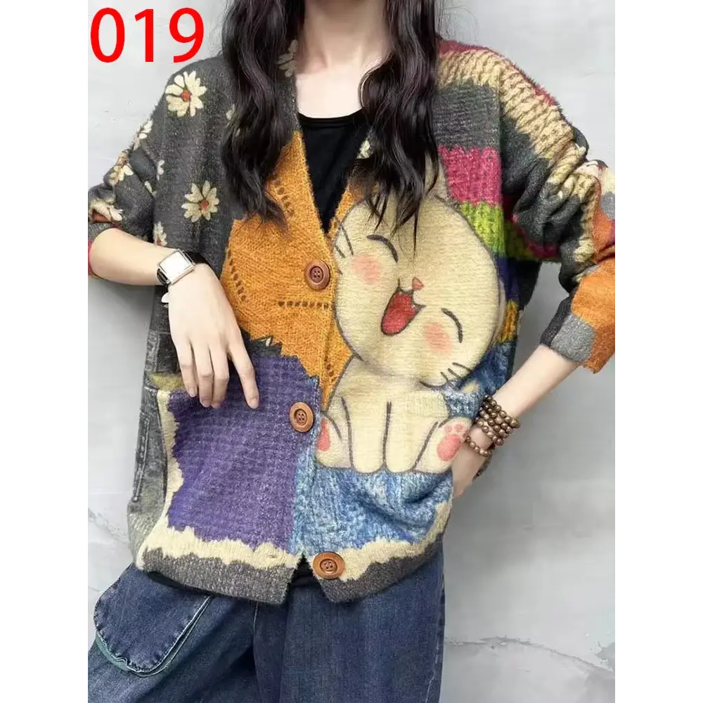 Women’s Boho Autumn Fashion Printed Loose Cardigans Casual V Neck Sweaters Ladies Luxury Classic Patchwork Floral