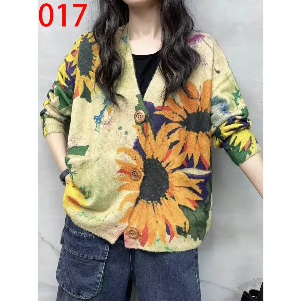 Women’s Boho Autumn Fashion Printed Loose Cardigans Casual V Neck Sweaters Ladies Luxury Classic Patchwork Floral