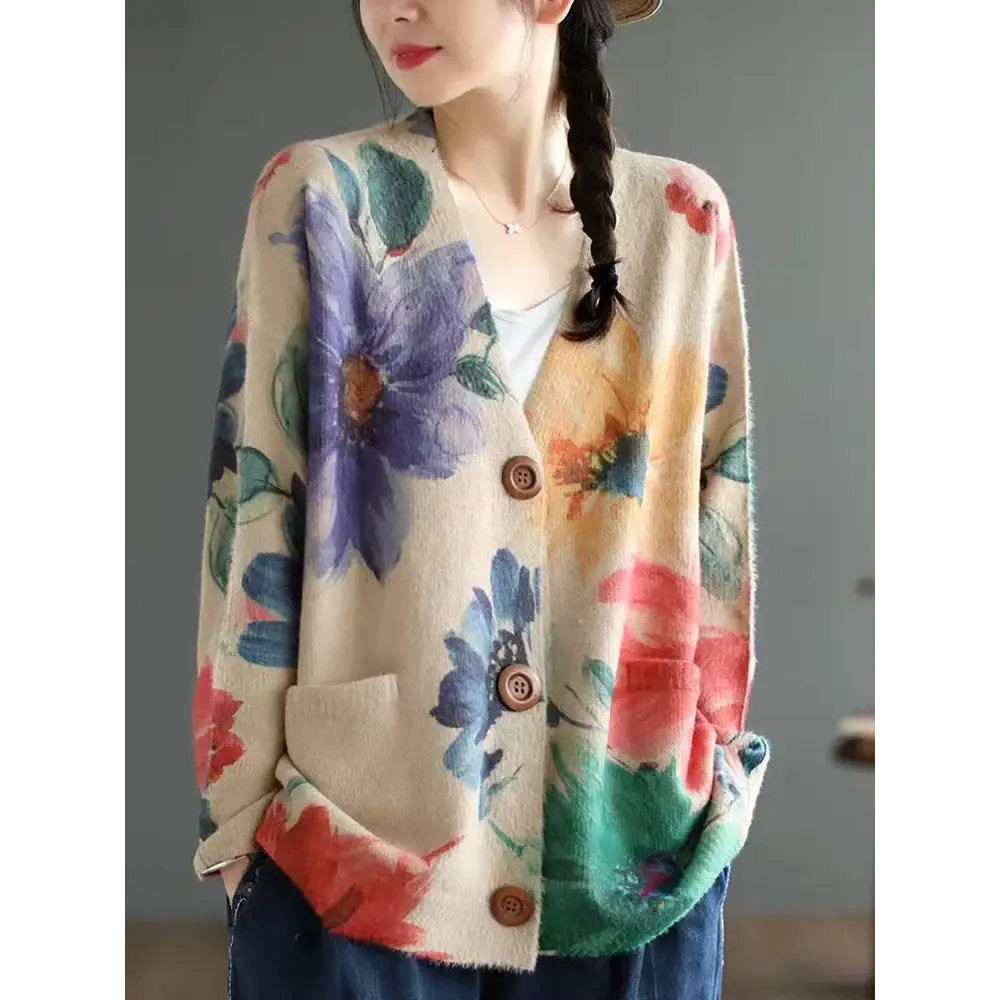 Women’s Boho Autumn Fashion Printed Loose Cardigans Casual V Neck Sweaters Ladies Luxury Classic Patchwork Floral