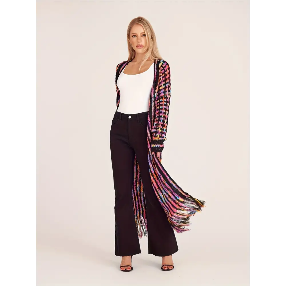 Women’s Fashion Multi-Color Fringe Knit Cardigan Nylon Fashion Commuter Style Open Front Color Block Autumn/Winter