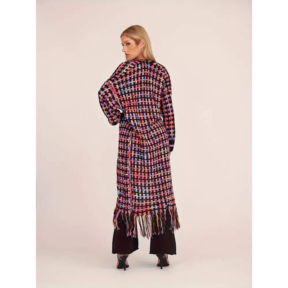 Women’s Fashion Multi-Color Fringe Knit Cardigan Nylon Fashion Commuter Style Open Front Color Block Autumn/Winter