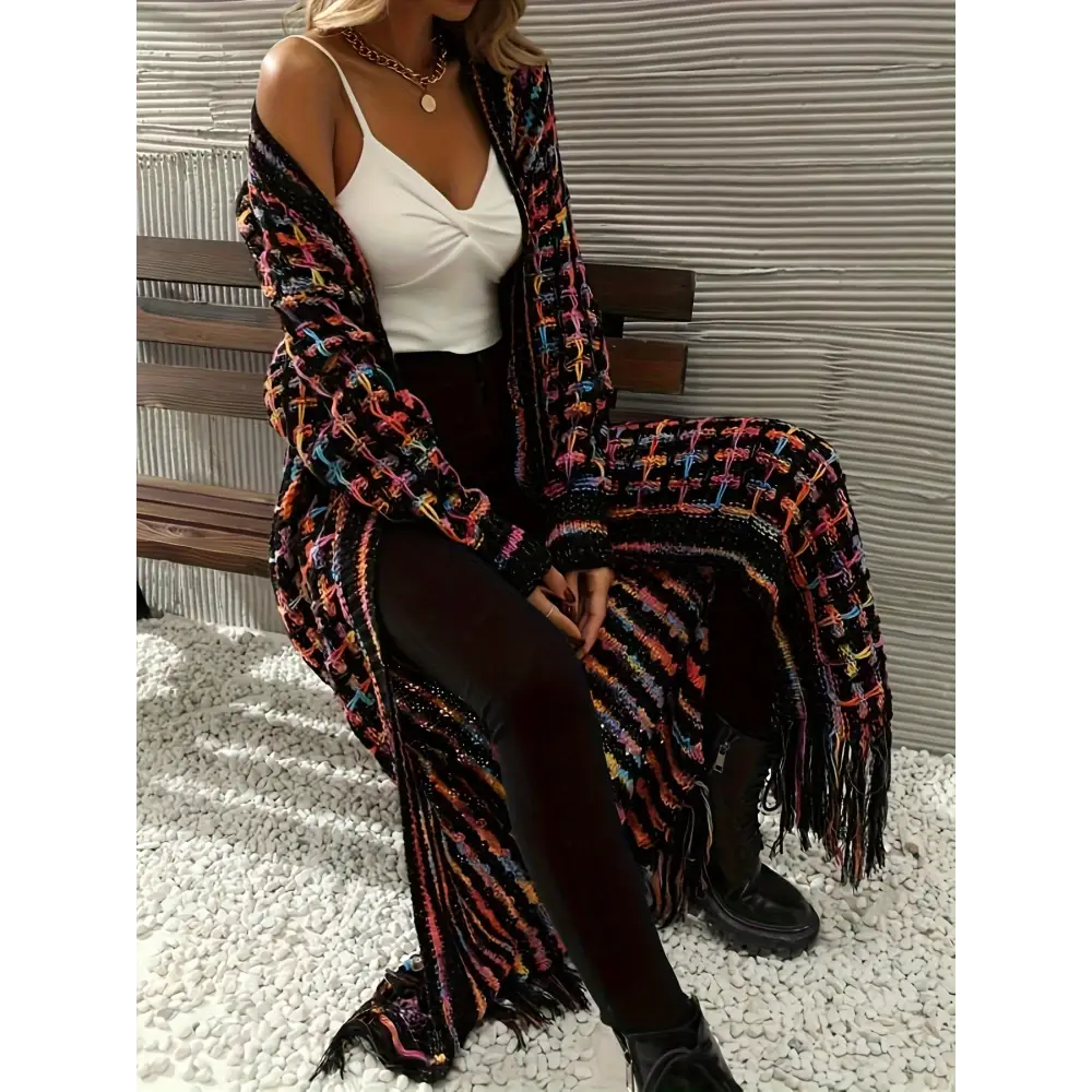 Women’s Fashion Multi-Color Fringe Knit Cardigan Nylon Fashion Commuter Style Open Front Color Block Autumn/Winter