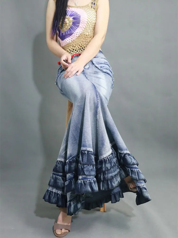 Women’s Fishtail Denim Maxi Skirt - Mermaid Style Ruffle Patchwork Stretch Jeans Vintage Fashion - Blue / XXL - Maxi