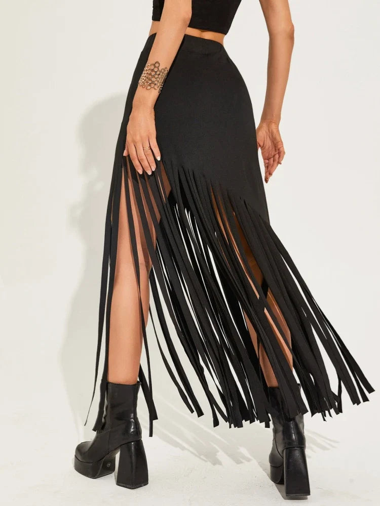 Women’s Fringe Bodycon Maxi Skirt - High Waist Tassel Chain Black Long Skirt for Elegant Evening Wear - Fringe skirt