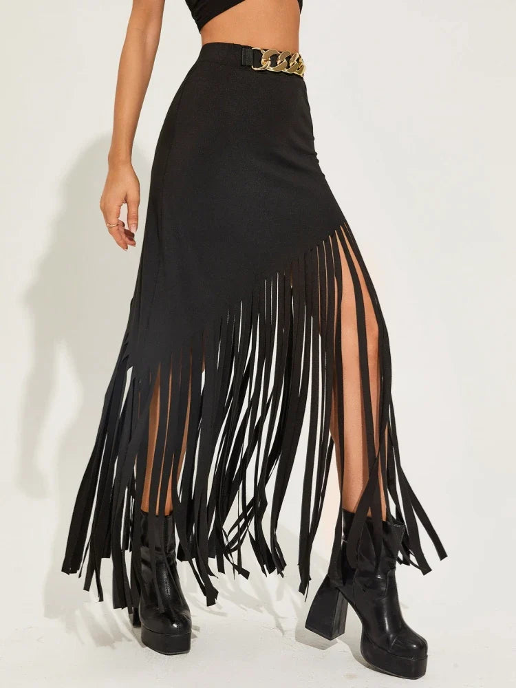 Women’s Fringe Bodycon Maxi Skirt - High Waist Tassel Chain Black Long Skirt for Elegant Evening Wear - Fringe skirt