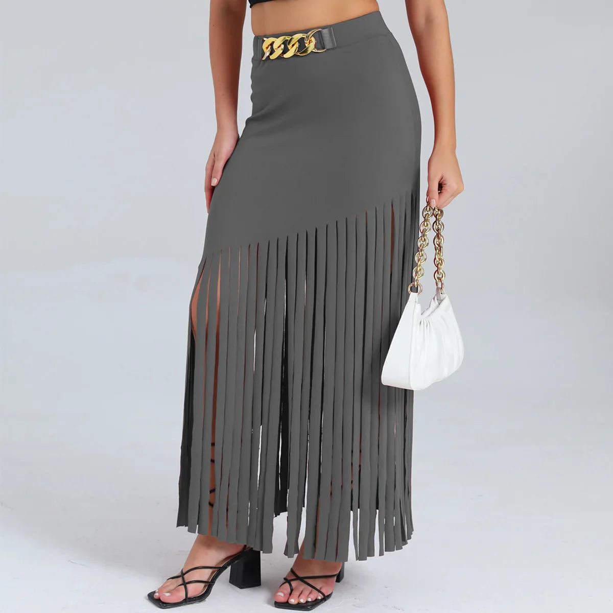 Women’s Fringe Bodycon Maxi Skirt - High Waist Tassel Chain Black Long Skirt for Elegant Evening Wear - grey / XL