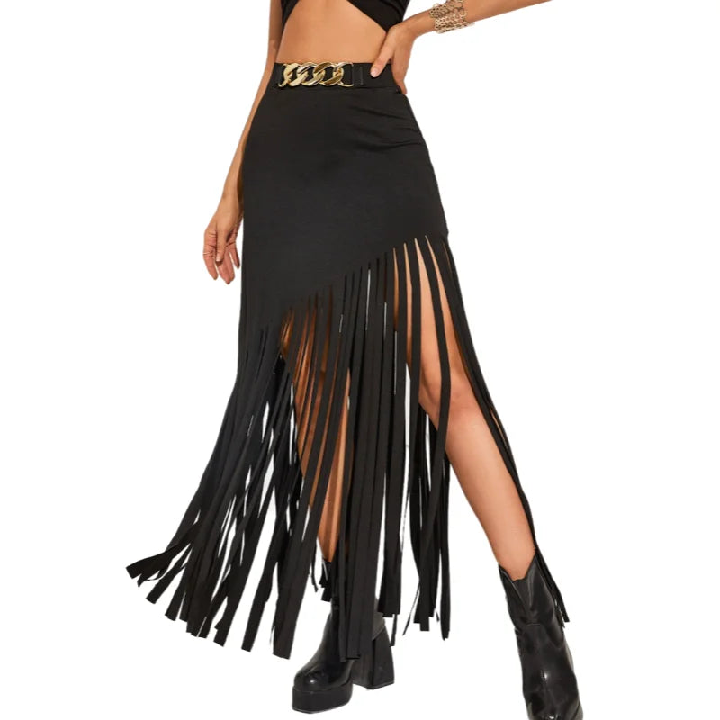 Women’s Fringe Bodycon Maxi Skirt - High Waist Tassel Chain Black Long Skirt for Elegant Evening Wear - Fringe skirt