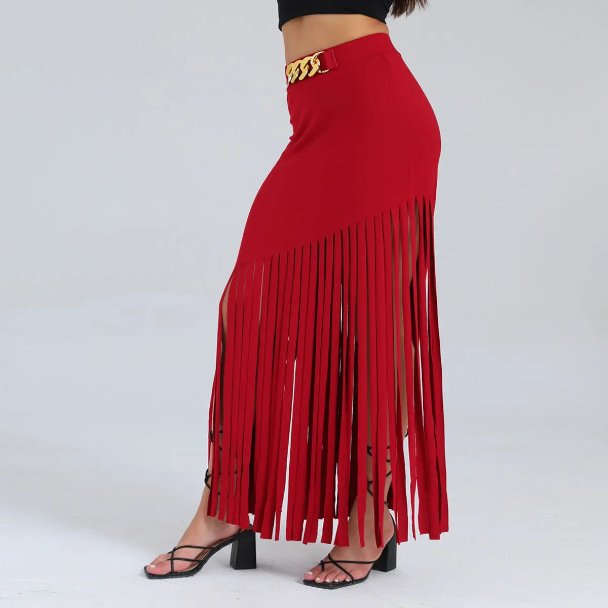 Women’s Fringe Bodycon Maxi Skirt - High Waist Tassel Chain Black Long Skirt for Elegant Evening Wear - red / S