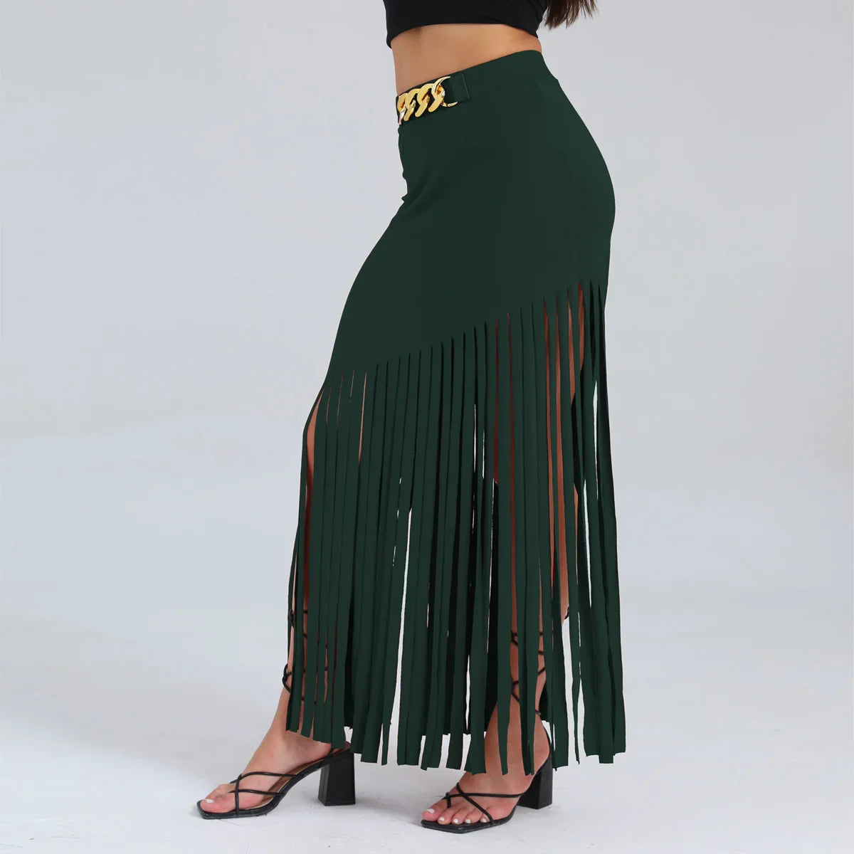 Women’s Fringe Bodycon Maxi Skirt - High Waist Tassel Chain Black Long Skirt for Elegant Evening Wear - dark green / XL