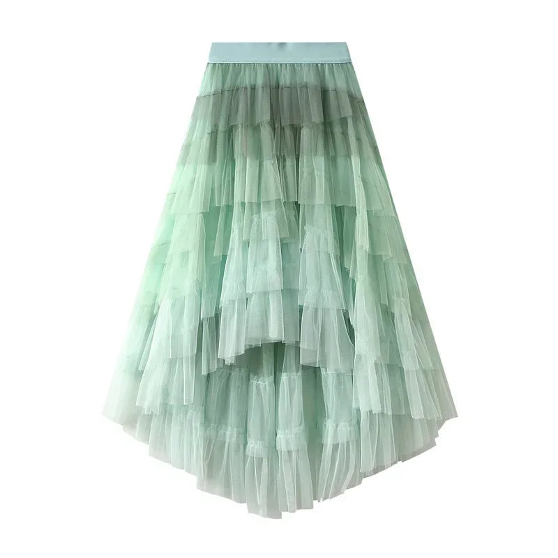 Women’s Gradient Rainbow Tulle Skirt - High-Waisted Multilayer Mesh A-Line Tiered Tutu with Ruffle Details Perfect