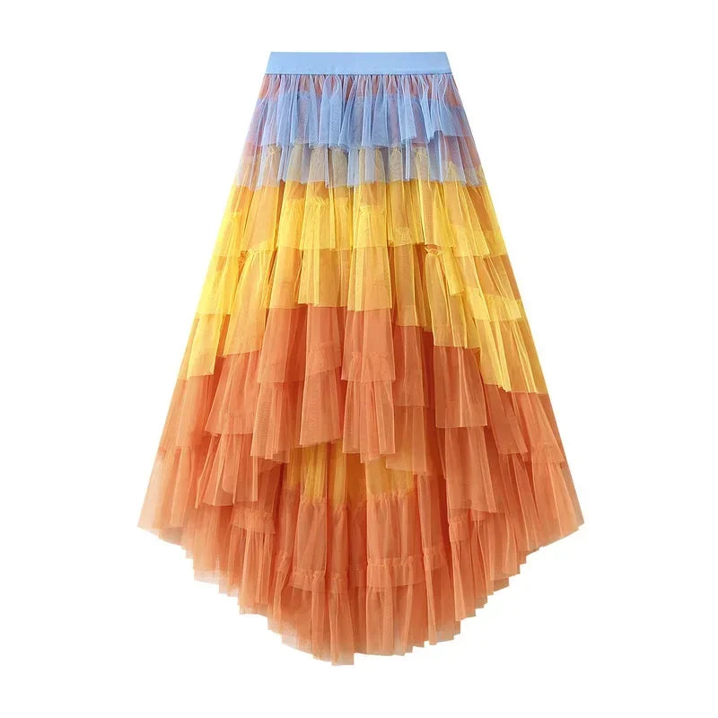 Women’s Gradient Rainbow Tulle Skirt - High-Waisted Multilayer Mesh A-Line Tiered Tutu with Ruffle Details Perfect