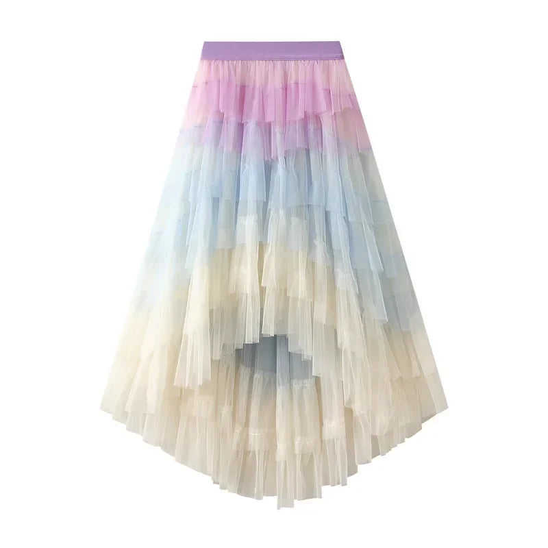 Women’s Gradient Rainbow Tulle Skirt - High-Waisted Multilayer Mesh A-Line Tiered Tutu with Ruffle Details Perfect
