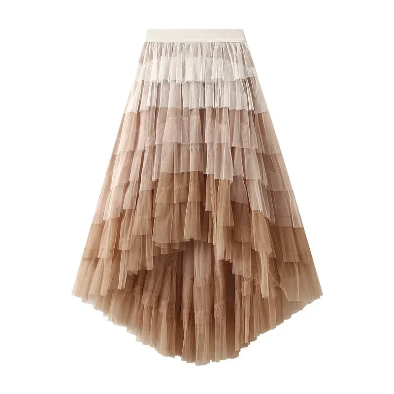 Women’s Gradient Rainbow Tulle Skirt - High-Waisted Multilayer Mesh A-Line Tiered Tutu with Ruffle Details Perfect