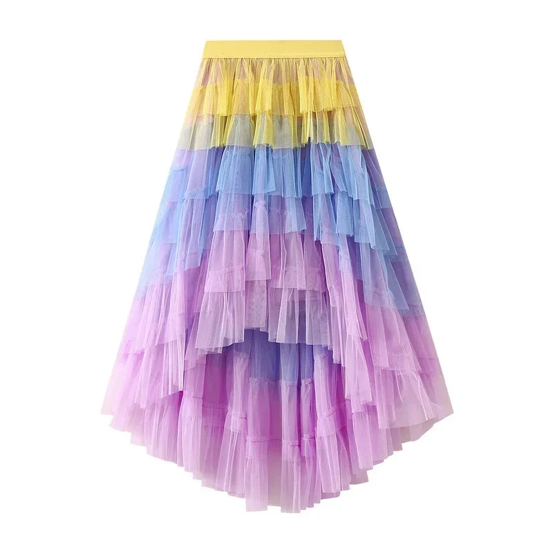 Women’s Gradient Rainbow Tulle Skirt - High-Waisted Multilayer Mesh A-Line Tiered Tutu with Ruffle Details Perfect