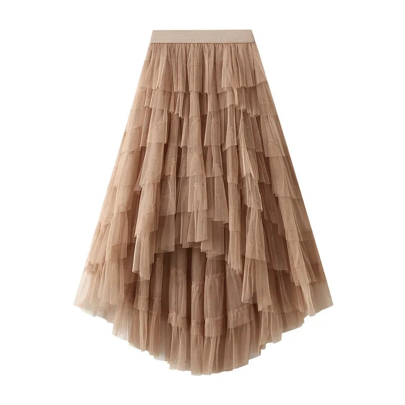 Women’s Gradient Rainbow Tulle Skirt - High-Waisted Multilayer Mesh A-Line Tiered Tutu with Ruffle Details Perfect