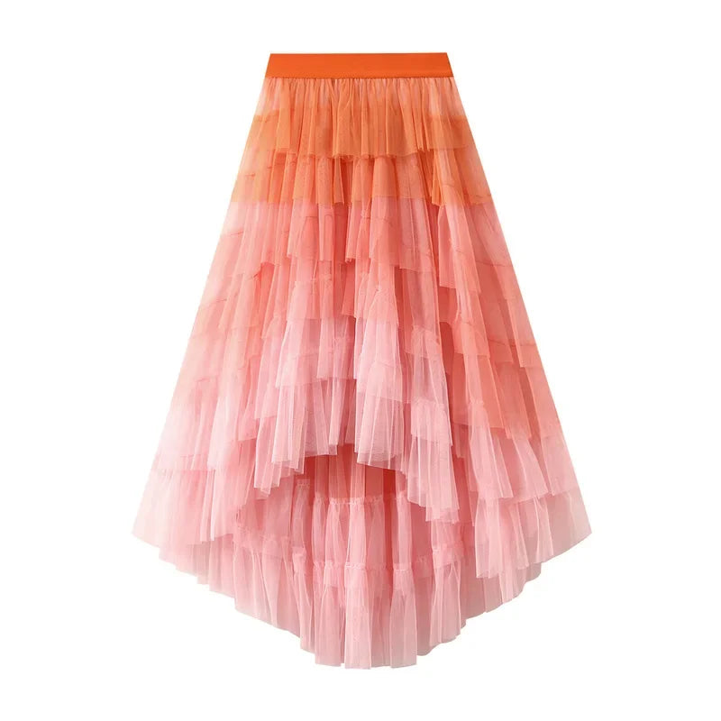 Women’s Gradient Rainbow Tulle Skirt - High-Waisted Multilayer Mesh A-Line Tiered Tutu with Ruffle Details Perfect