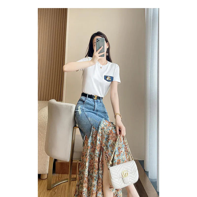 Women’s Loose-Fit Spliced Denim Skirt - Sweet Comfortable and Fashion-Forward Slim Fit Design for Everyday Wear - Midi