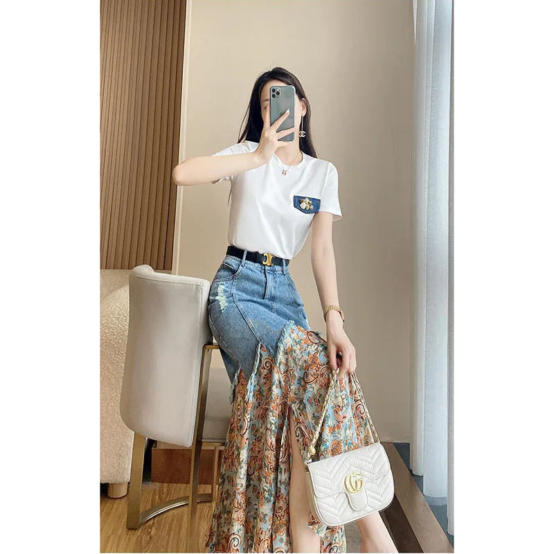 Women’s Loose-Fit Spliced Denim Skirt - Sweet Comfortable and Fashion-Forward Slim Fit Design for Everyday Wear - Midi