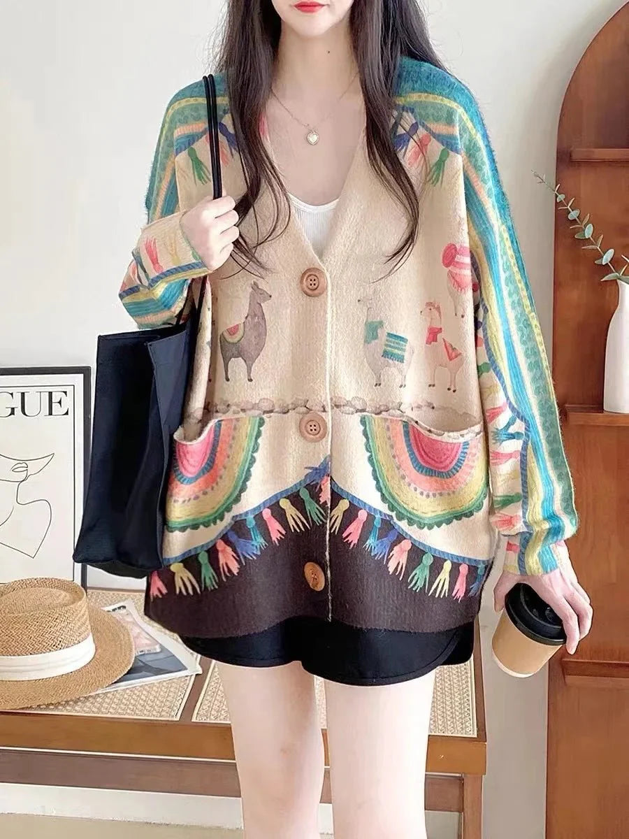 customized - 2023Women Mink Velvet Sweaters Autumn Winter Mori Girl Style Print Cartoon Loose V - Neck Collar Single - Breasted Knit Coats Wild - Boho Eco Boutique™ - customized - Boho Eco Boutique™ - Red - One Size -