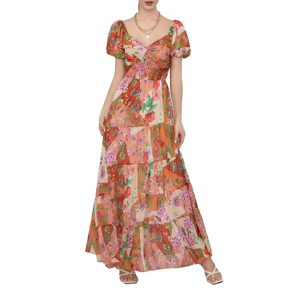 Women’s Retro Fairycore Grunge Dresses Flowy Smocked Maxi Dress Puff Sleeve Sweetheart y2k Floral Boho Party Sundresses