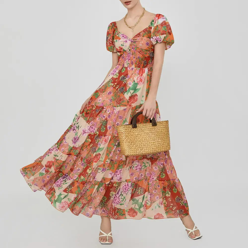 Women’s Retro Fairycore Grunge Dresses Flowy Smocked Maxi Dress Puff Sleeve Sweetheart y2k Floral Boho Party Sundresses
