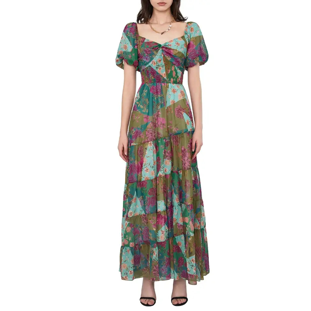 Women’s Retro Fairycore Grunge Dresses Flowy Smocked Maxi Dress Puff Sleeve Sweetheart y2k Floral Boho Party Sundresses
