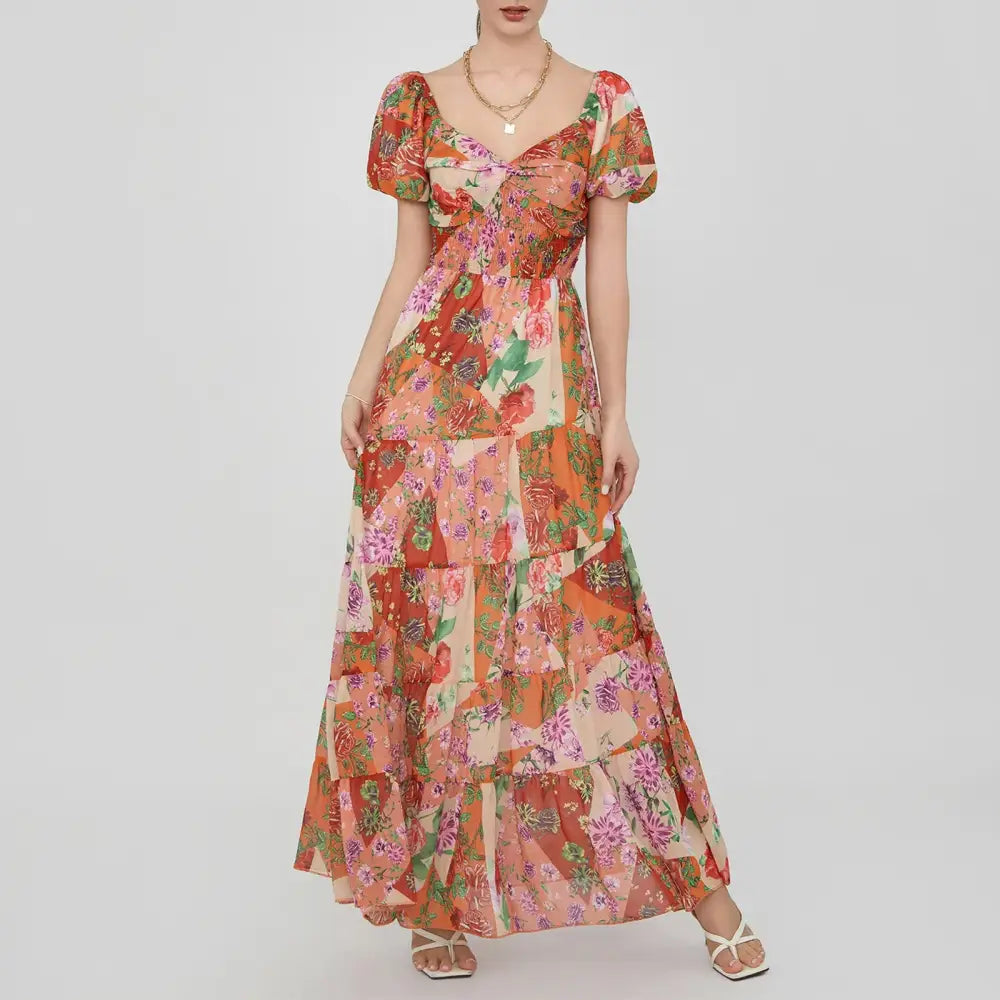 Women’s Retro Fairycore Grunge Dresses Flowy Smocked Maxi Dress Puff Sleeve Sweetheart y2k Floral Boho Party Sundresses