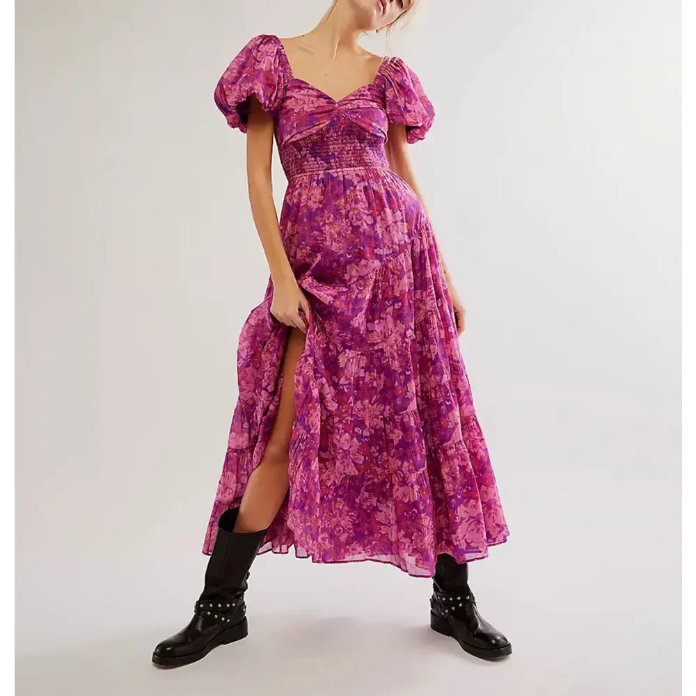 Women’s Retro Fairycore Grunge Dresses Flowy Smocked Maxi Dress Puff Sleeve Sweetheart y2k Floral Boho Party Sundresses