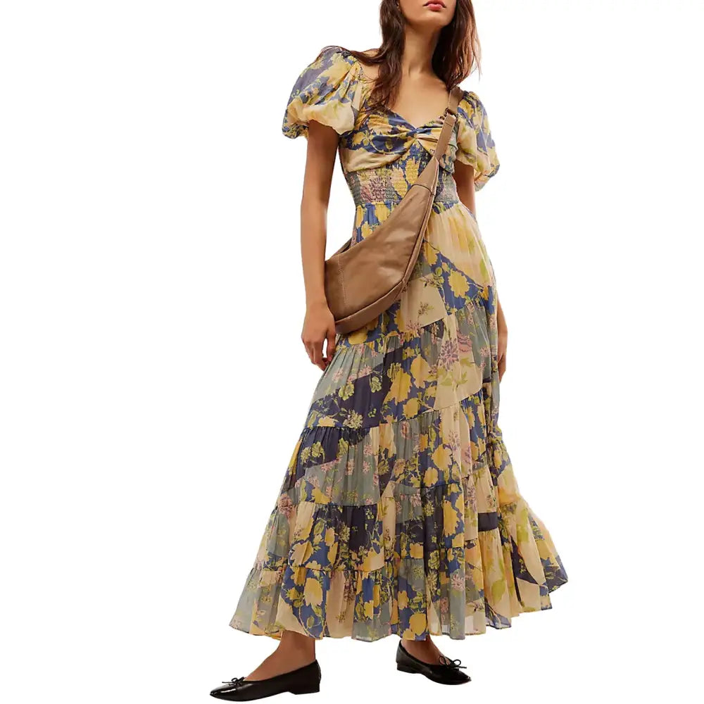 Women’s Retro Fairycore Grunge Dresses Flowy Smocked Maxi Dress Puff Sleeve Sweetheart y2k Floral Boho Party Sundresses