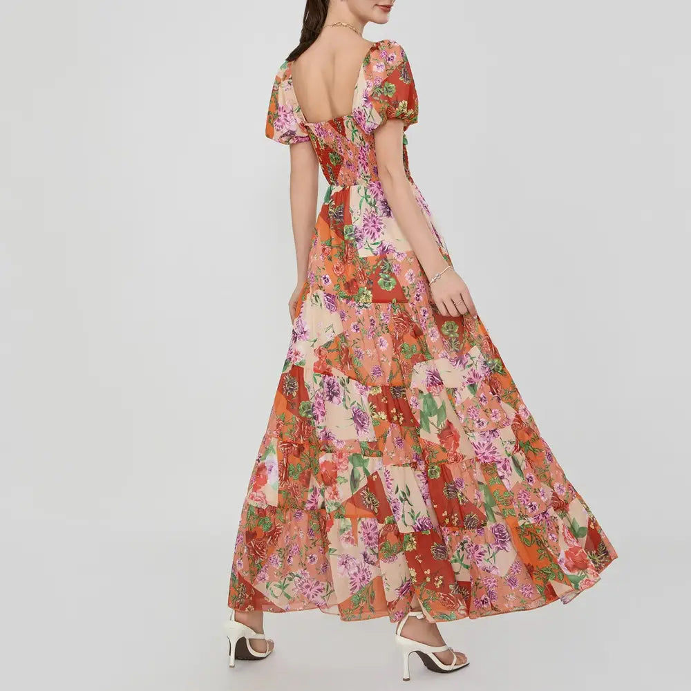 Women’s Retro Fairycore Grunge Dresses Flowy Smocked Maxi Dress Puff Sleeve Sweetheart y2k Floral Boho Party Sundresses