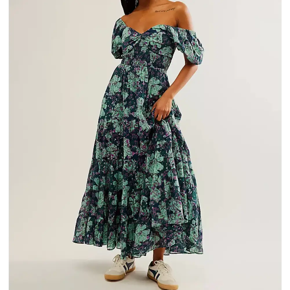 Women’s Retro Fairycore Grunge Dresses Flowy Smocked Maxi Dress Puff Sleeve Sweetheart y2k Floral Boho Party Sundresses