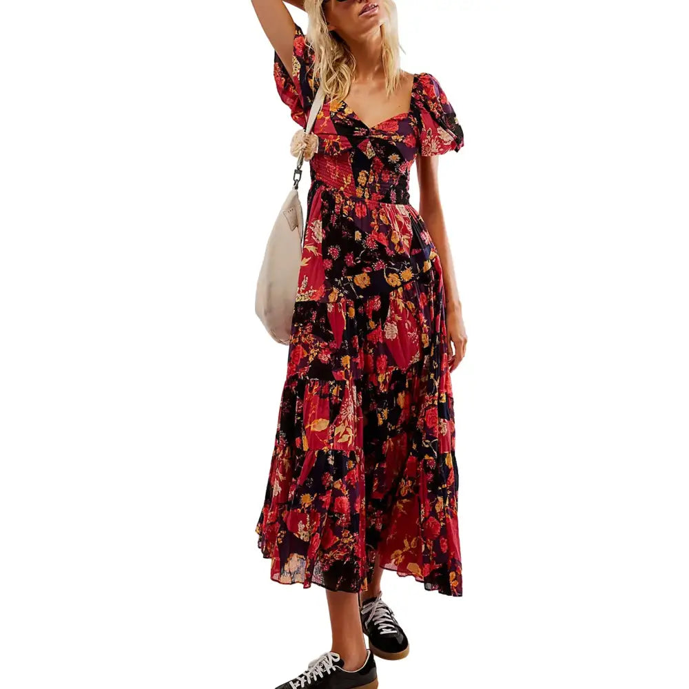 Women’s Retro Fairycore Grunge Dresses Flowy Smocked Maxi Dress Puff Sleeve Sweetheart y2k Floral Boho Party Sundresses