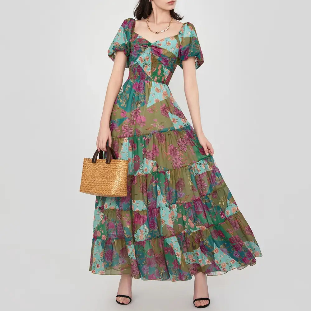 Women’s Retro Fairycore Grunge Dresses Flowy Smocked Maxi Dress Puff Sleeve Sweetheart y2k Floral Boho Party Sundresses