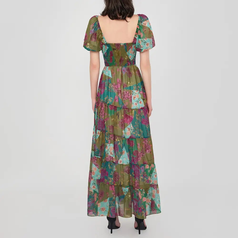 Women’s Retro Fairycore Grunge Dresses Flowy Smocked Maxi Dress Puff Sleeve Sweetheart y2k Floral Boho Party Sundresses