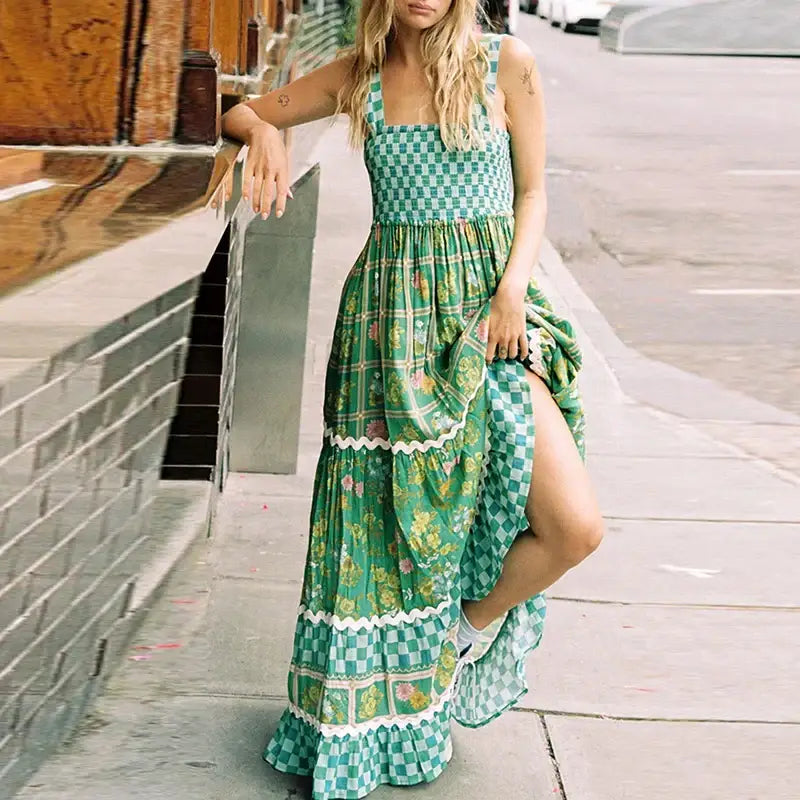Women’s Sexy Elegant Floral Print Pleated Long High Waist Party Backless Lace-up Hollow Suspender Dress - 01 Print / M
