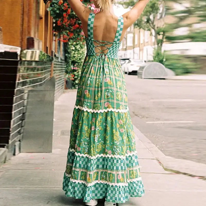 Women’s Sexy Elegant Floral Print Pleated Long High Waist Party Backless Lace-up Hollow Suspender Dress - Dress