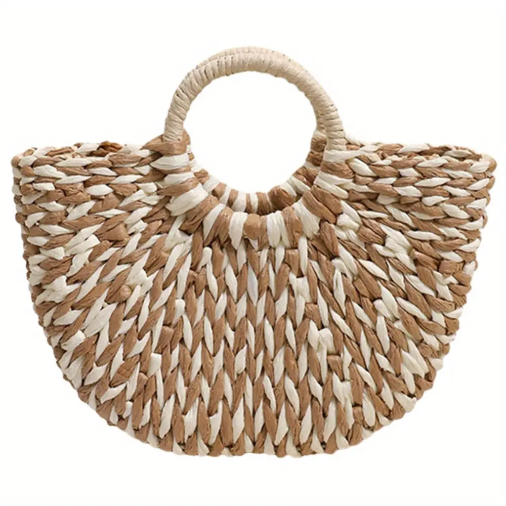 Women’s Summer 2024 Blue Striped Paper Rope Straw Woven Bag - Beach Bag with Bamboo Handle Versatile Tote for Market &