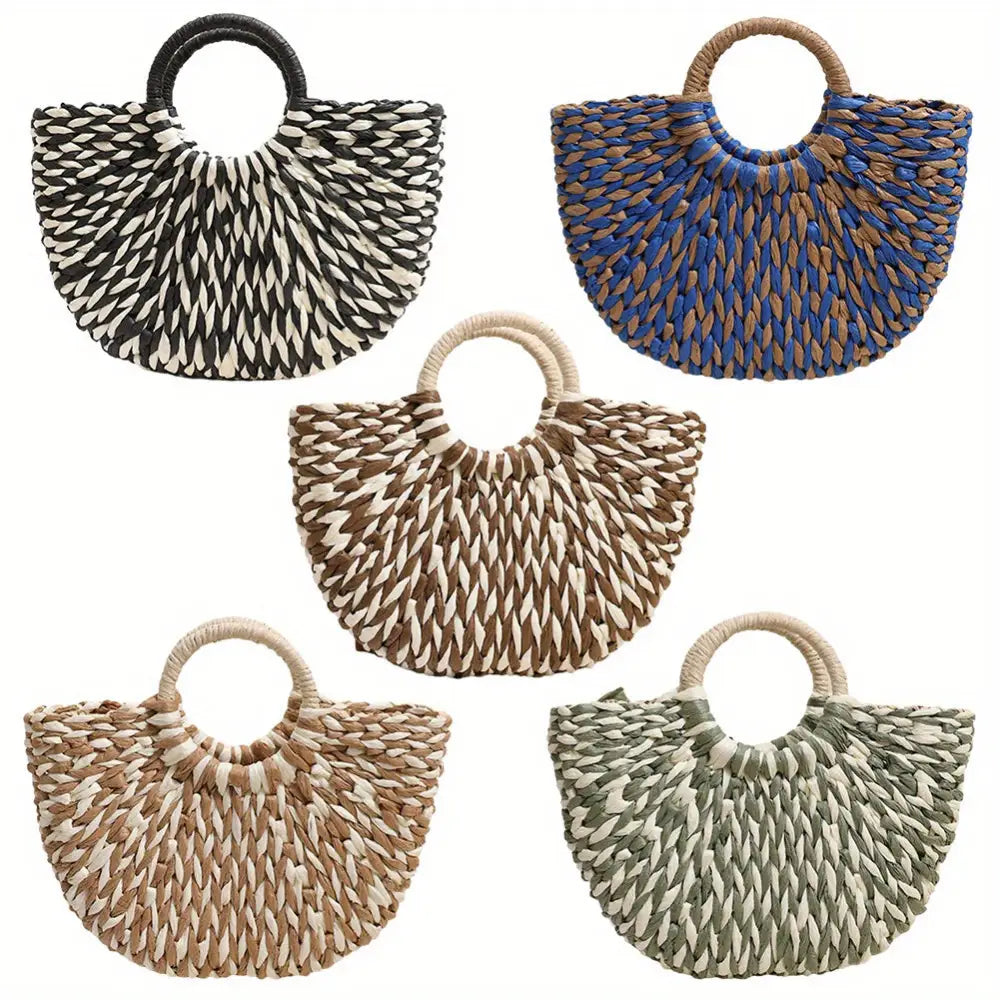 Women’s Summer 2024 Blue Striped Paper Rope Straw Woven Bag - Beach Bag with Bamboo Handle Versatile Tote for Market &