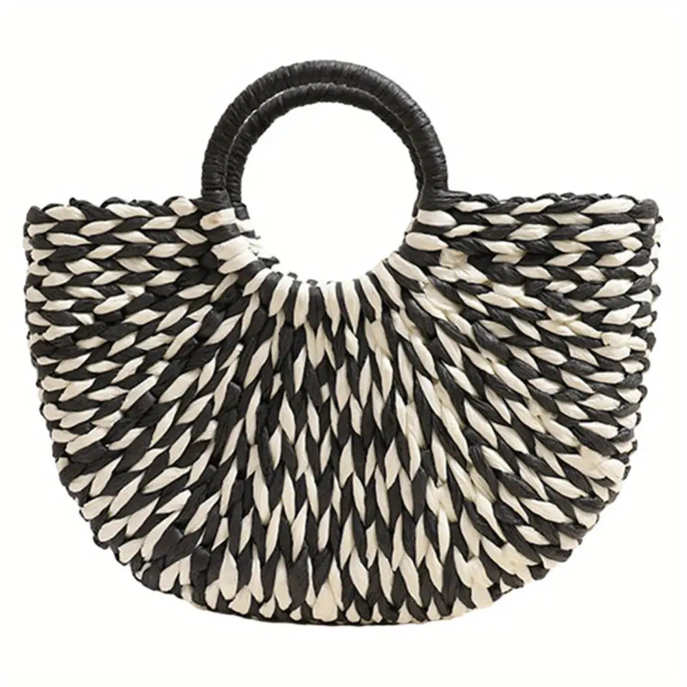 Women’s Summer 2024 Blue Striped Paper Rope Straw Woven Bag - Beach Bag with Bamboo Handle Versatile Tote for Market &