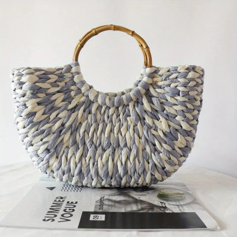 Women’s Summer 2024 Blue Striped Paper Rope Straw Woven Bag - Beach Bag with Bamboo Handle Versatile Tote for Market &